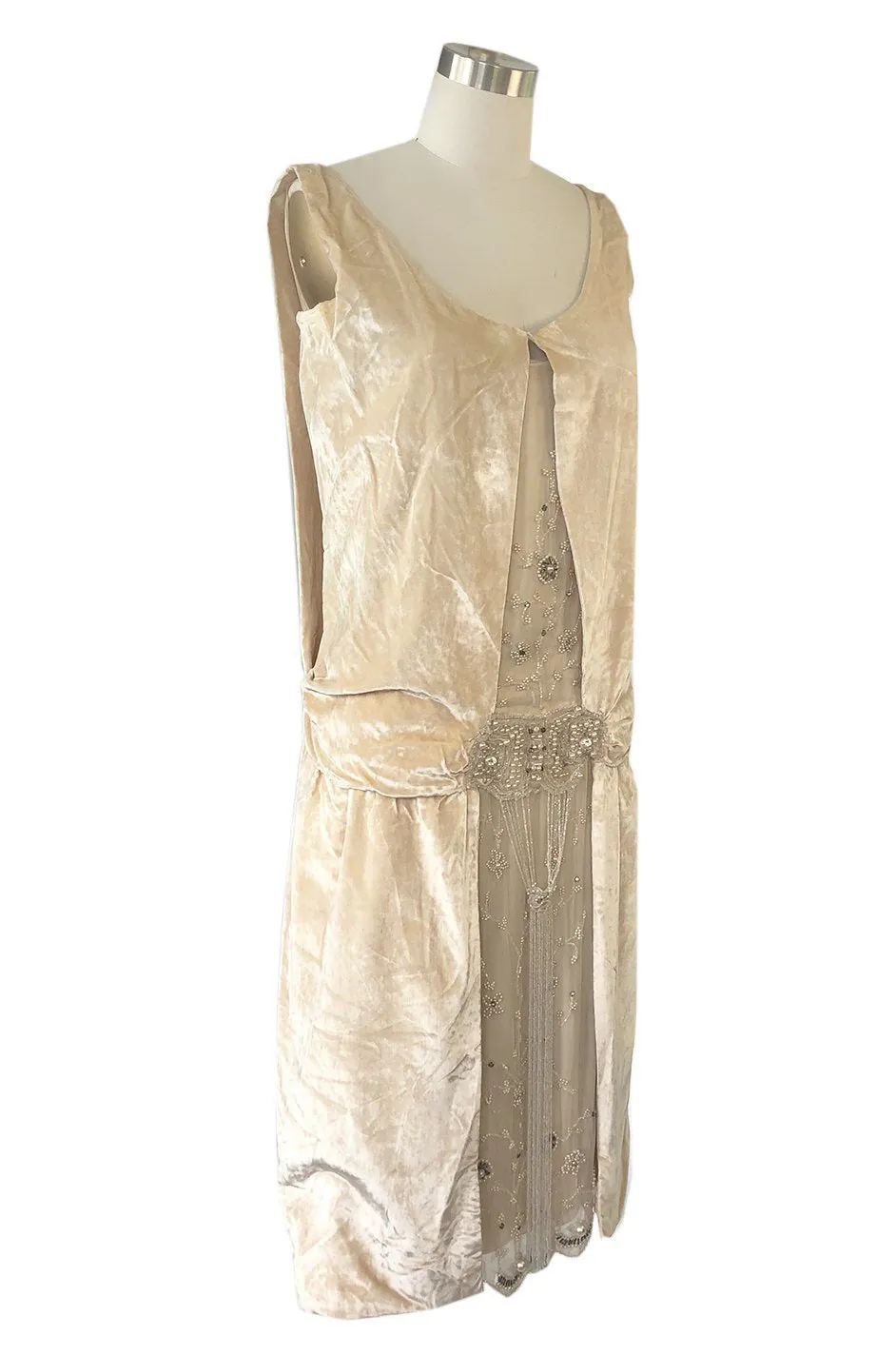 1920s Gold Ivory Silk Velvet & Silk Chiffon Pearl Flower Beaded Dress