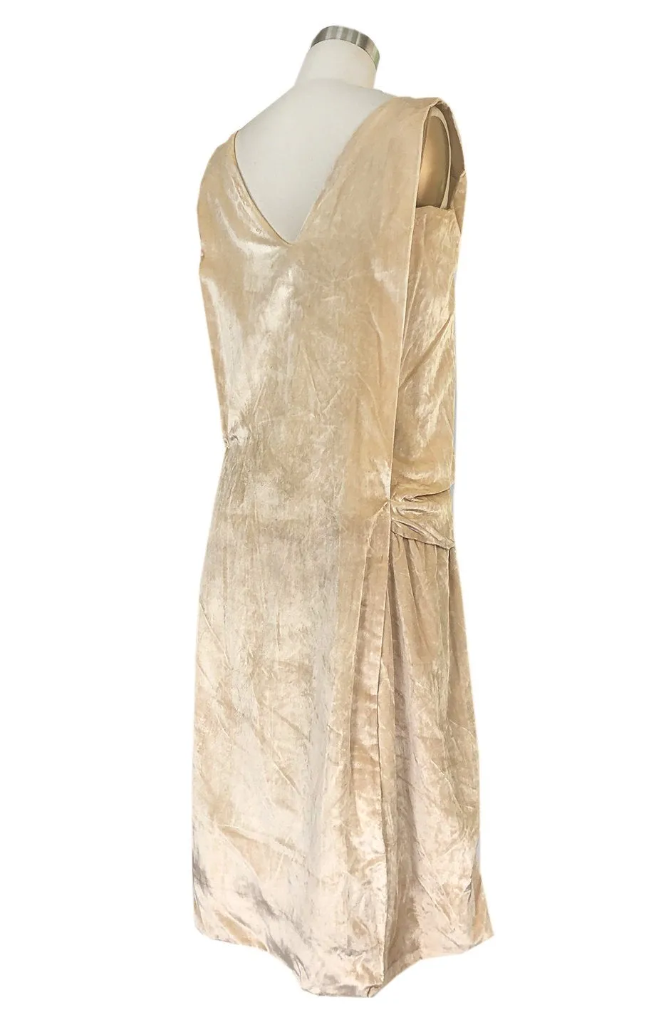 1920s Gold Ivory Silk Velvet & Silk Chiffon Pearl Flower Beaded Dress