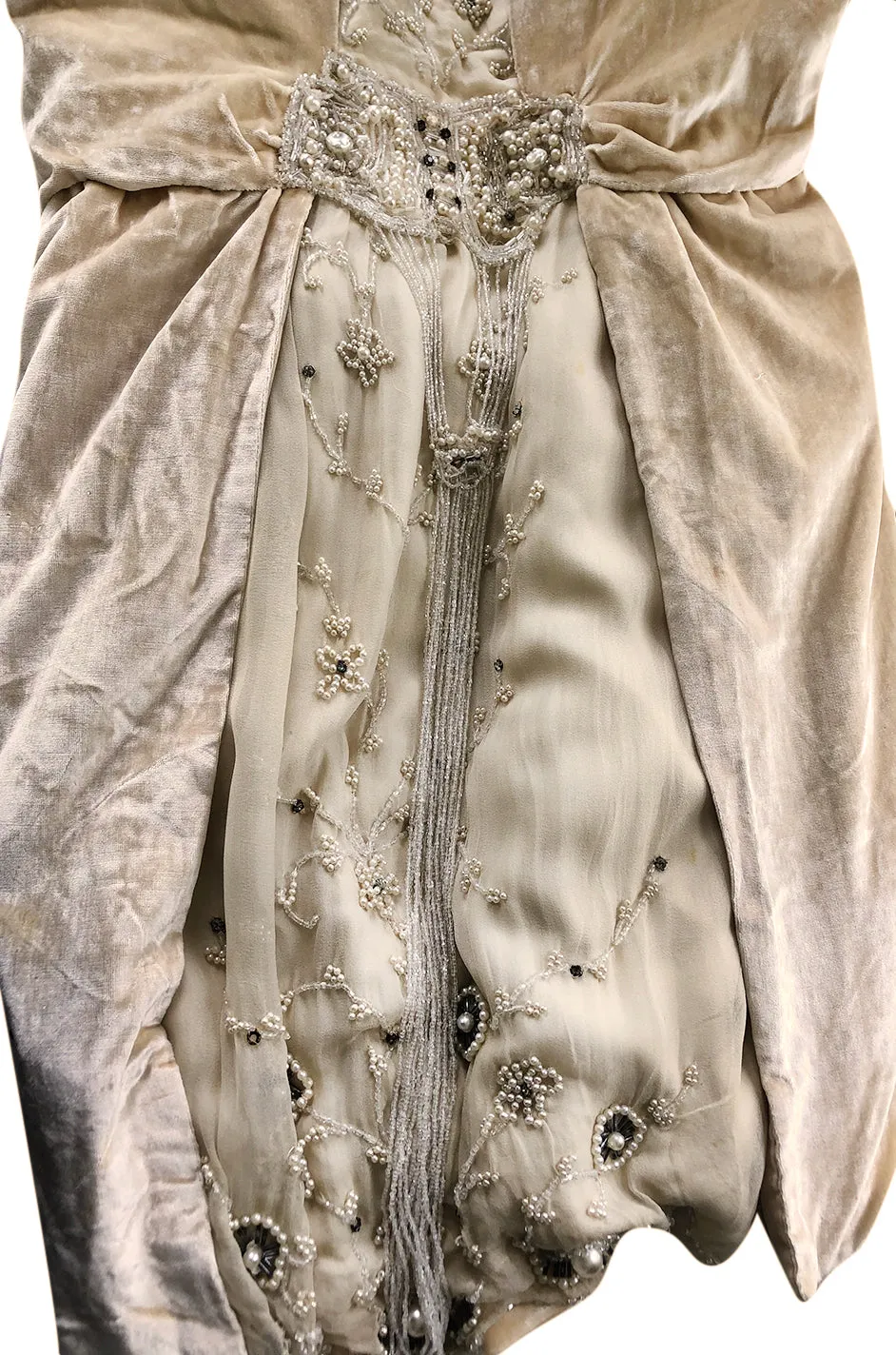 1920s Gold Ivory Silk Velvet & Silk Chiffon Pearl Flower Beaded Dress