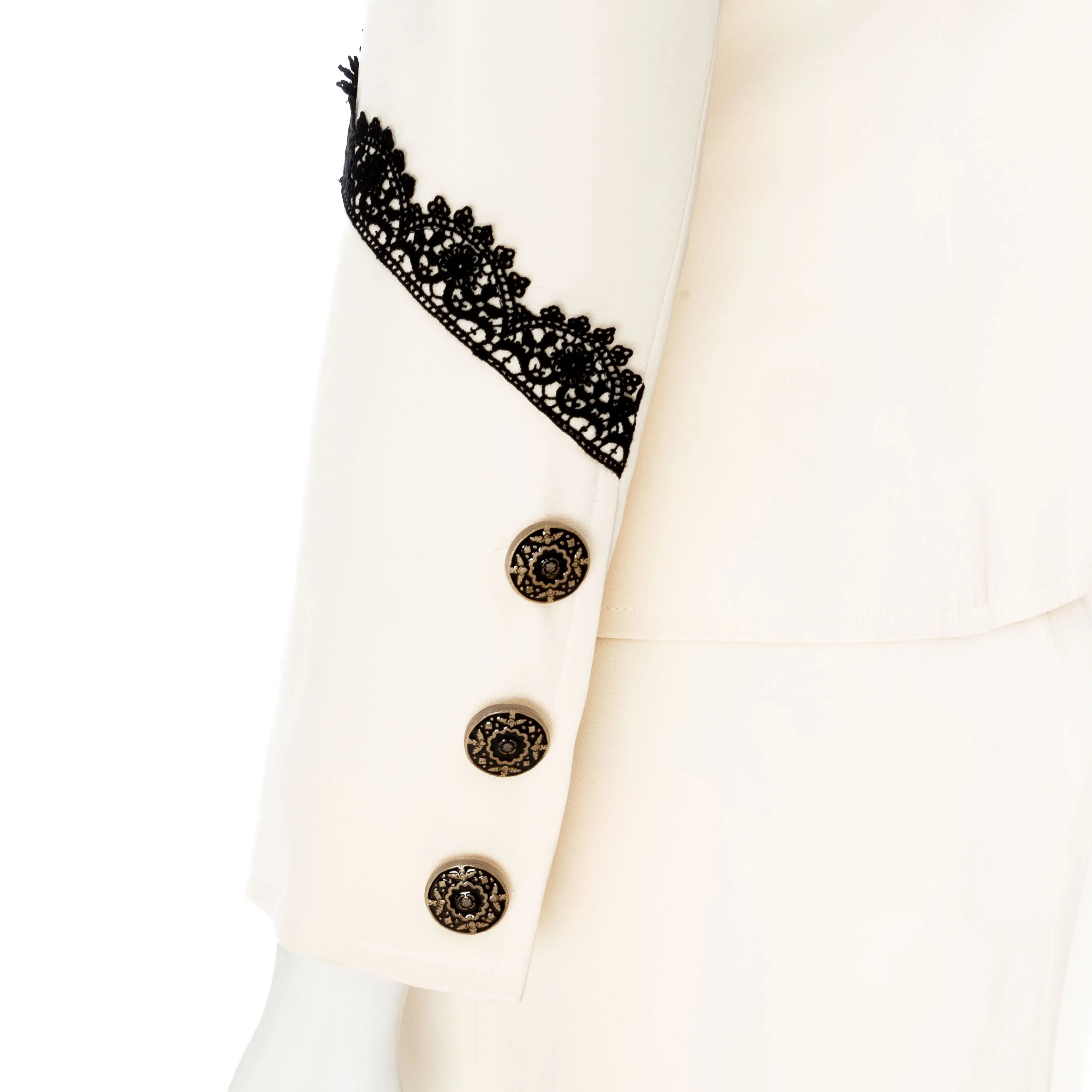 1990s Cream and Black Lace-Trim Skirt Suit