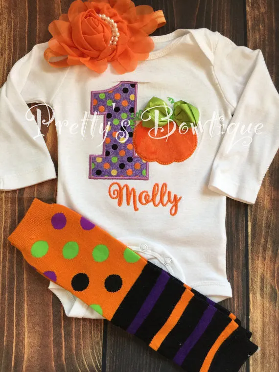 1st Birthday Pumpkin Outfit Sizes Newborn to Youth XL with Tutu, Leg Warmers, Bloomers and Headband (5 Pieces)