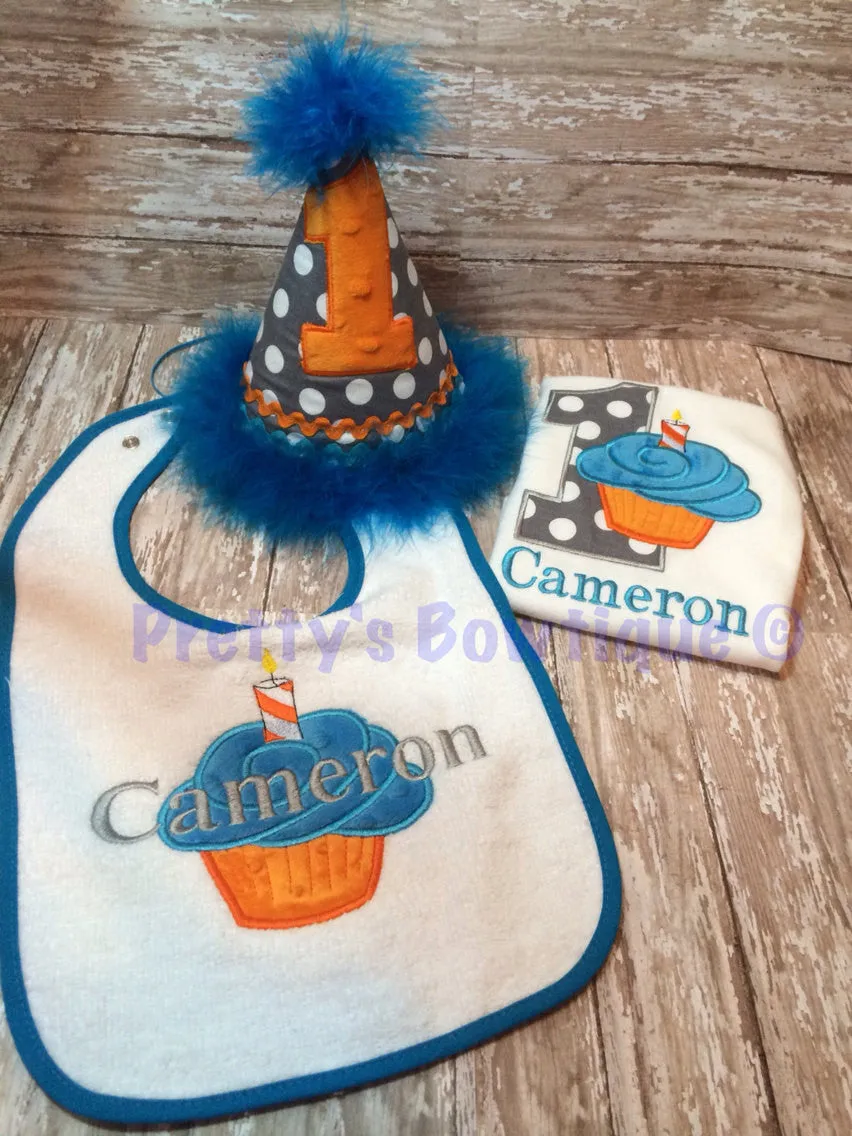 1st Birthday set. Hat, shirt or one piece , and bib. Can customize