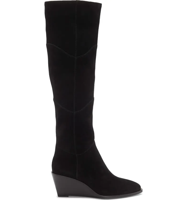 1.State Kern Black Soft Suede Knee High Low Wedge Pointed Toe Dress Boots