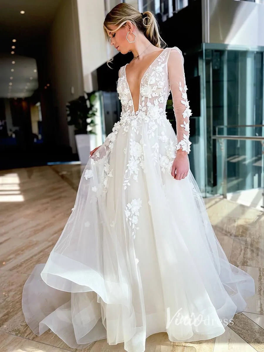 3D Flower Modern Wedding Dresses Backless Long Sleeve Wedding Gown VW2116