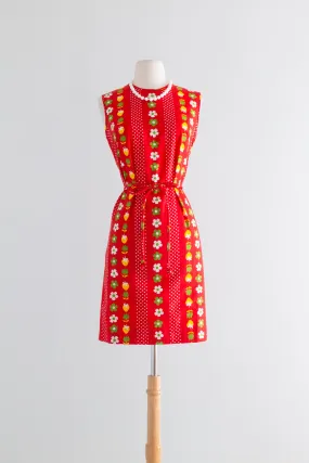 ADORABLE 1960's NOS Red Cotton MOD Shift Dress With Belt / SM