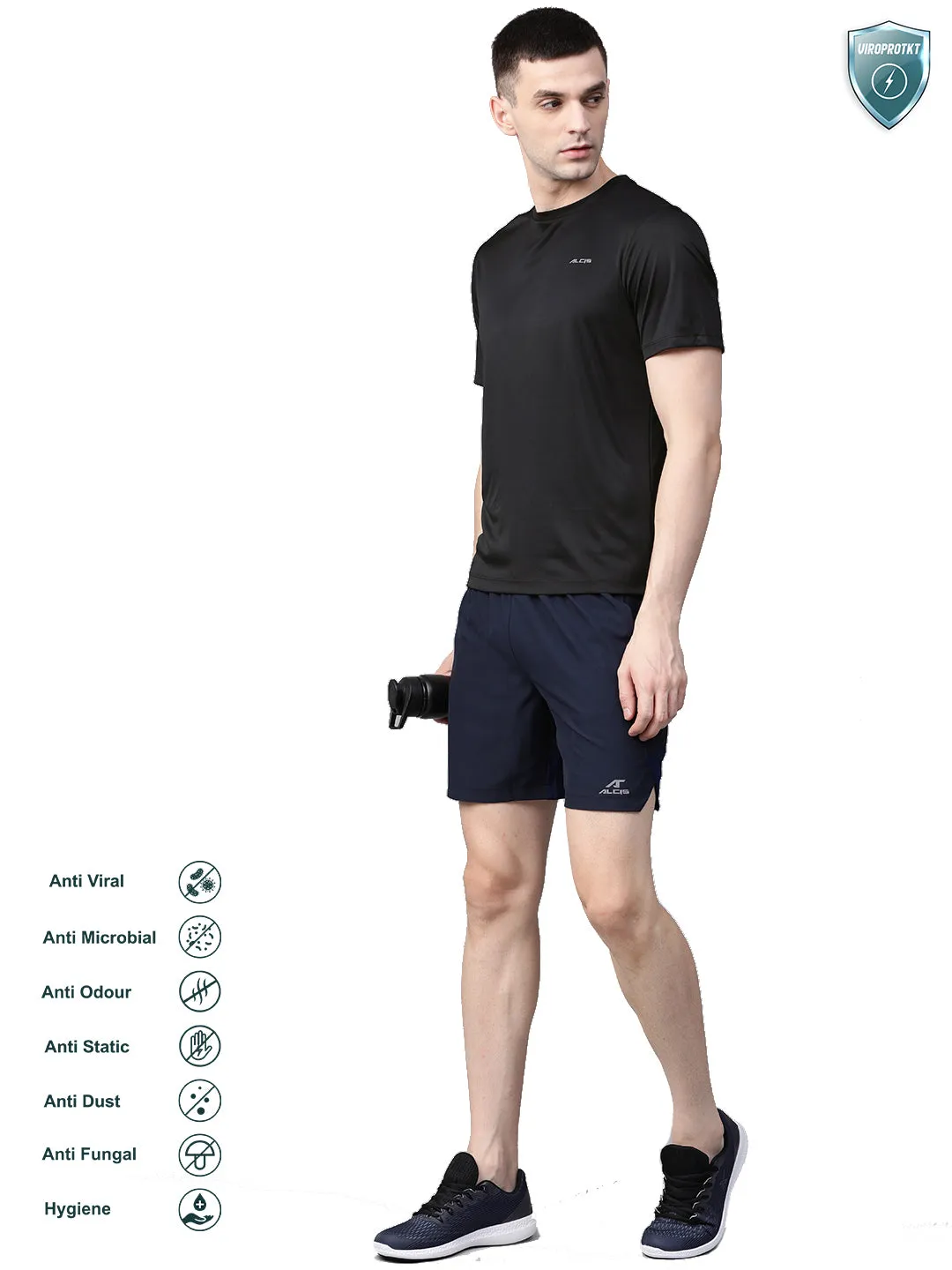 Alcis Men Black Slim Fit Solid Round Neck VIROPROTKT Training T-shirt