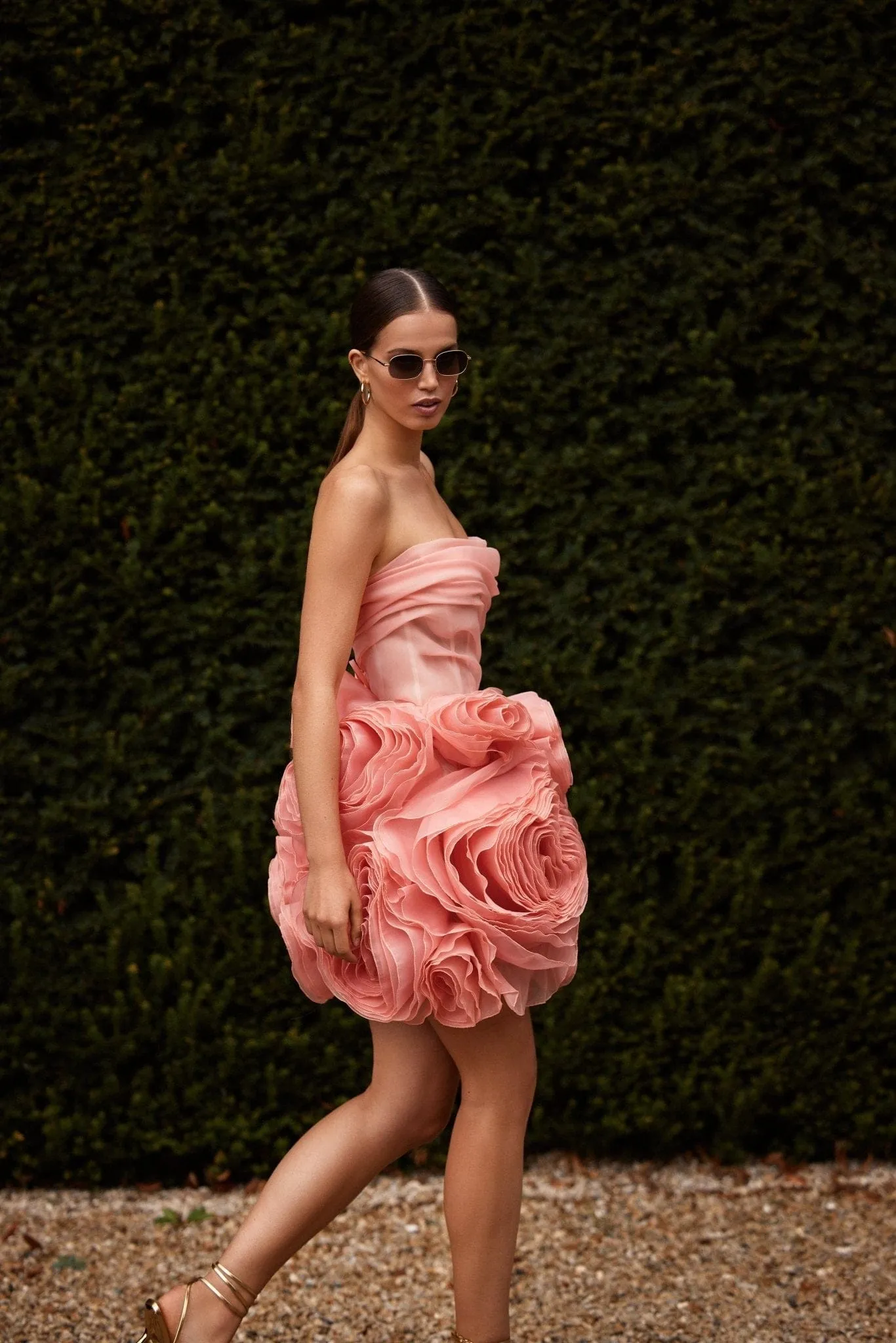 Appliquéd organza coral mini dress