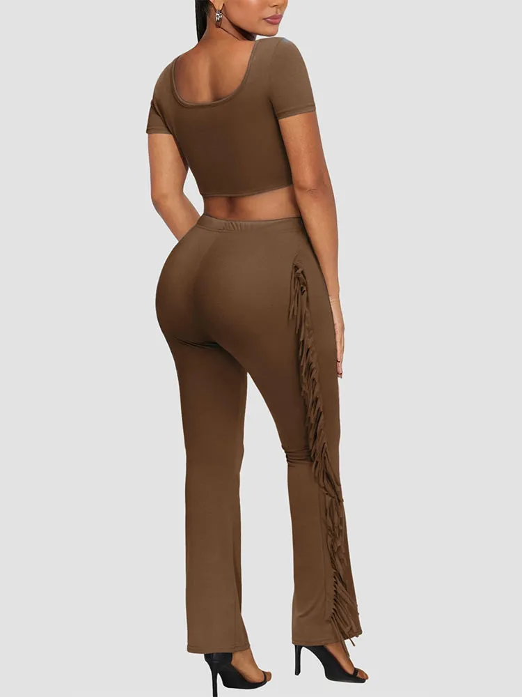 Asymmetrical Top Fringe Pants Set