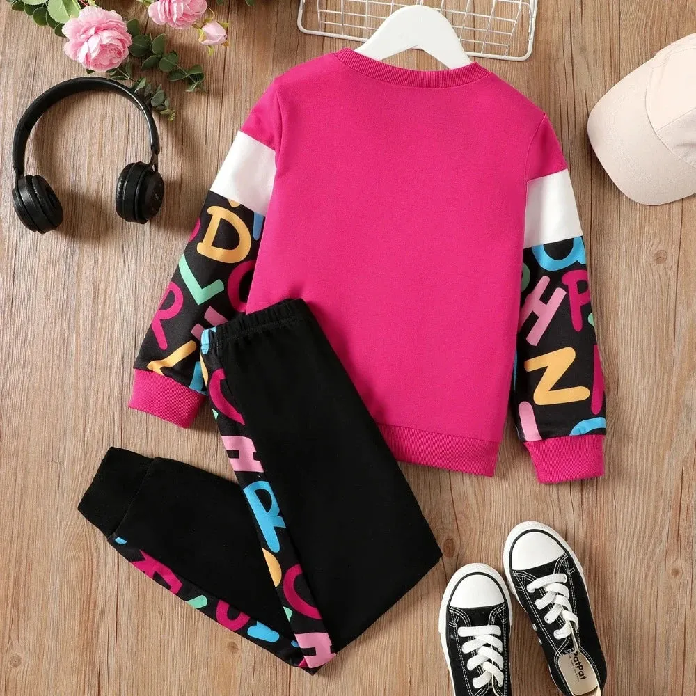 Baby Girl Retro Colorblock Sweatshirt Pants Set