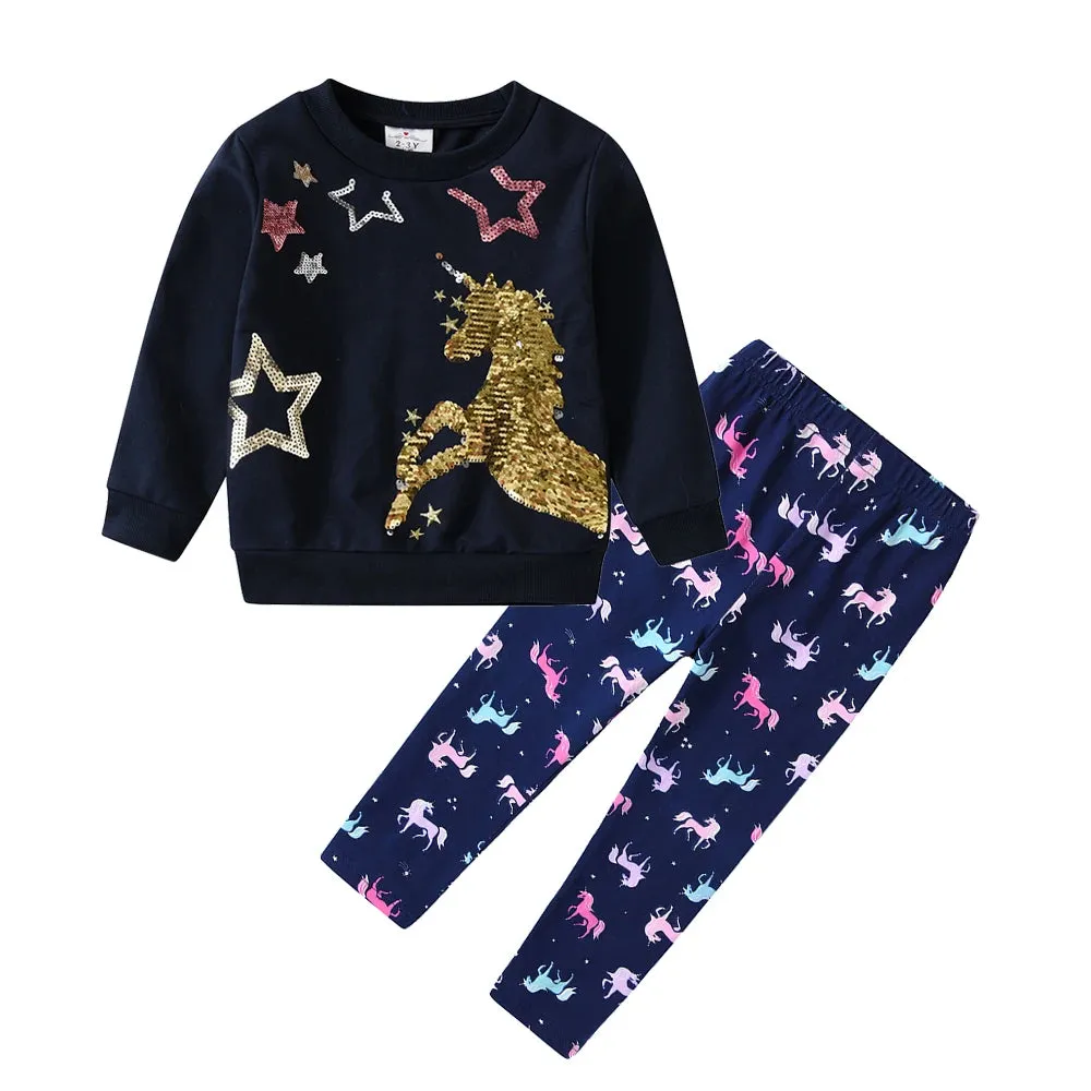 Baby Girls Cartoon Sequin Unicorn Clothing Set