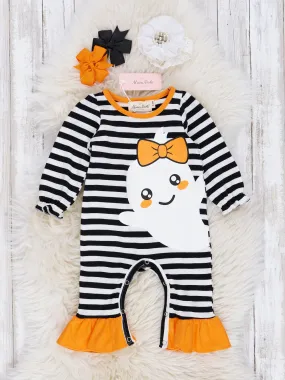 Black & White Stripe Friendly Ghost Ruffle Romper