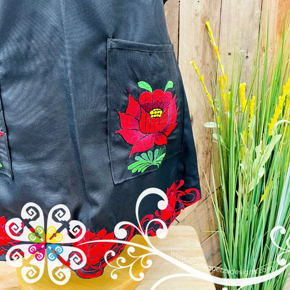 Black and Red Big Flower Embroider Apron - Mandil Artesanal