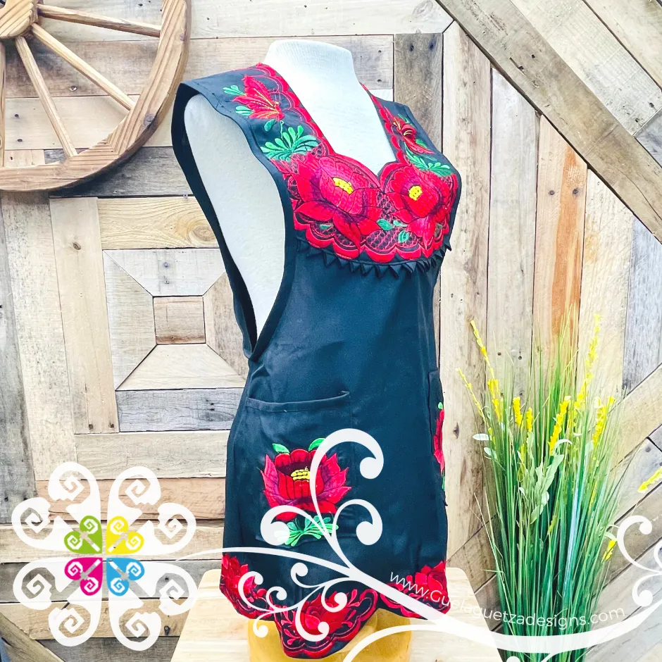 Black and Red Big Flower Embroider Apron - Mandil Artesanal