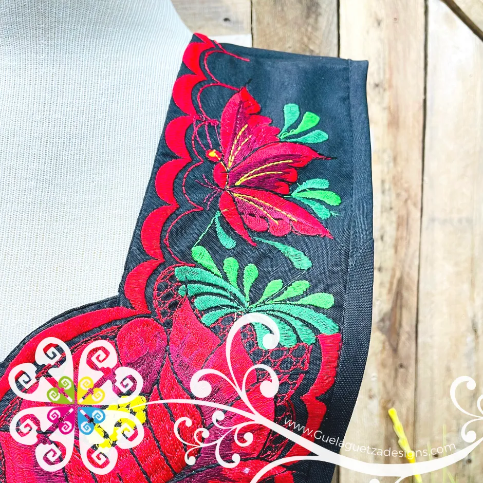 Black and Red Big Flower Embroider Apron - Mandil Artesanal