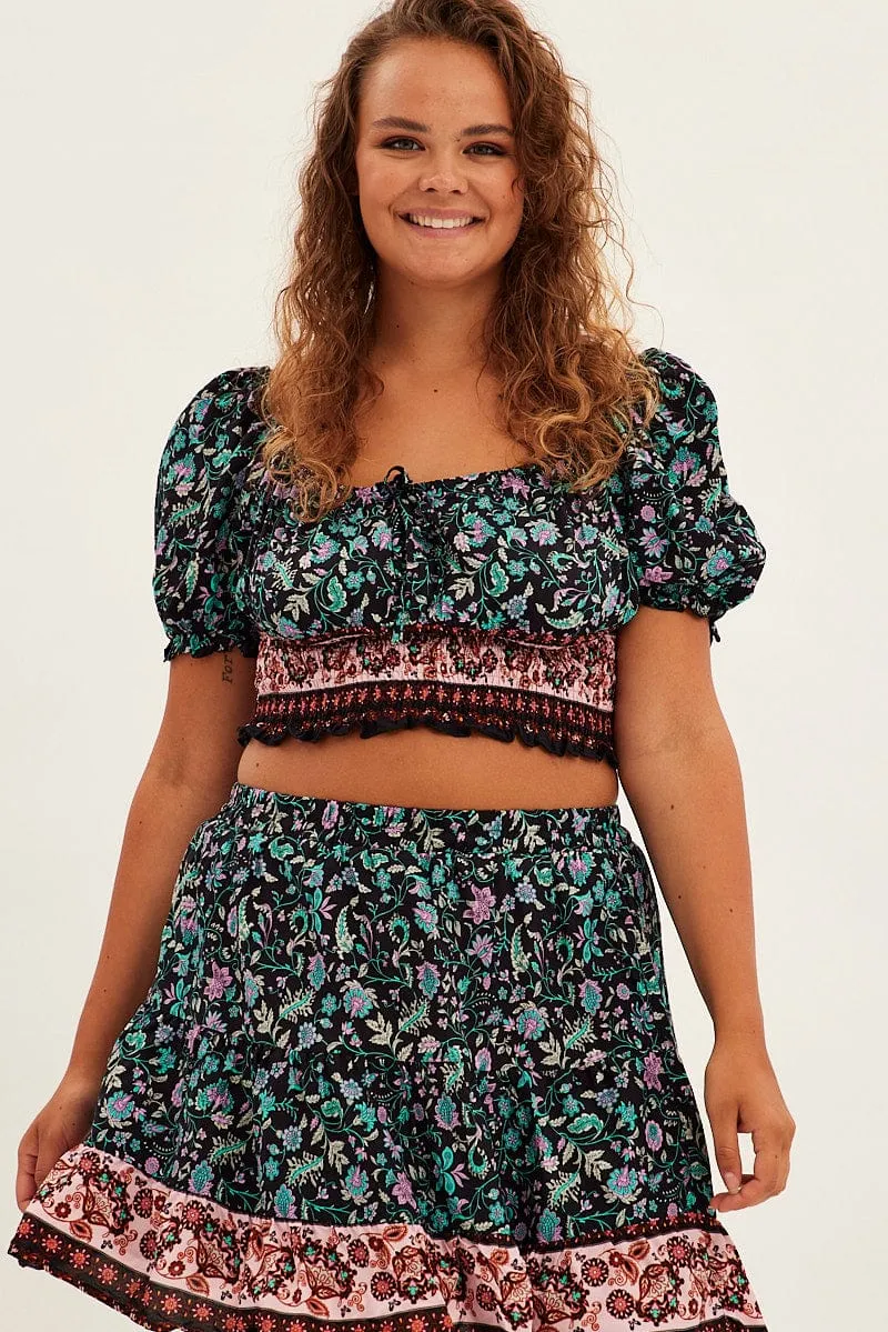 Black Boho Crop Top Short Sleeve Shirred Waist