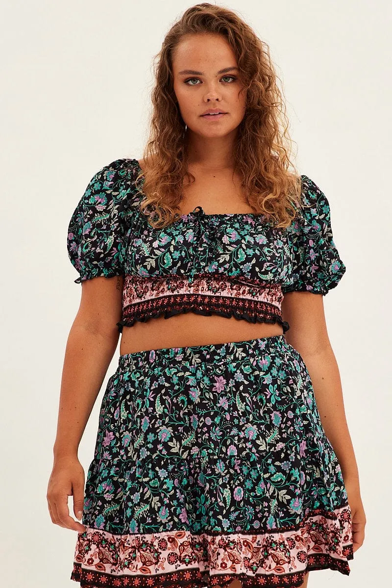 Black Boho Crop Top Short Sleeve Shirred Waist