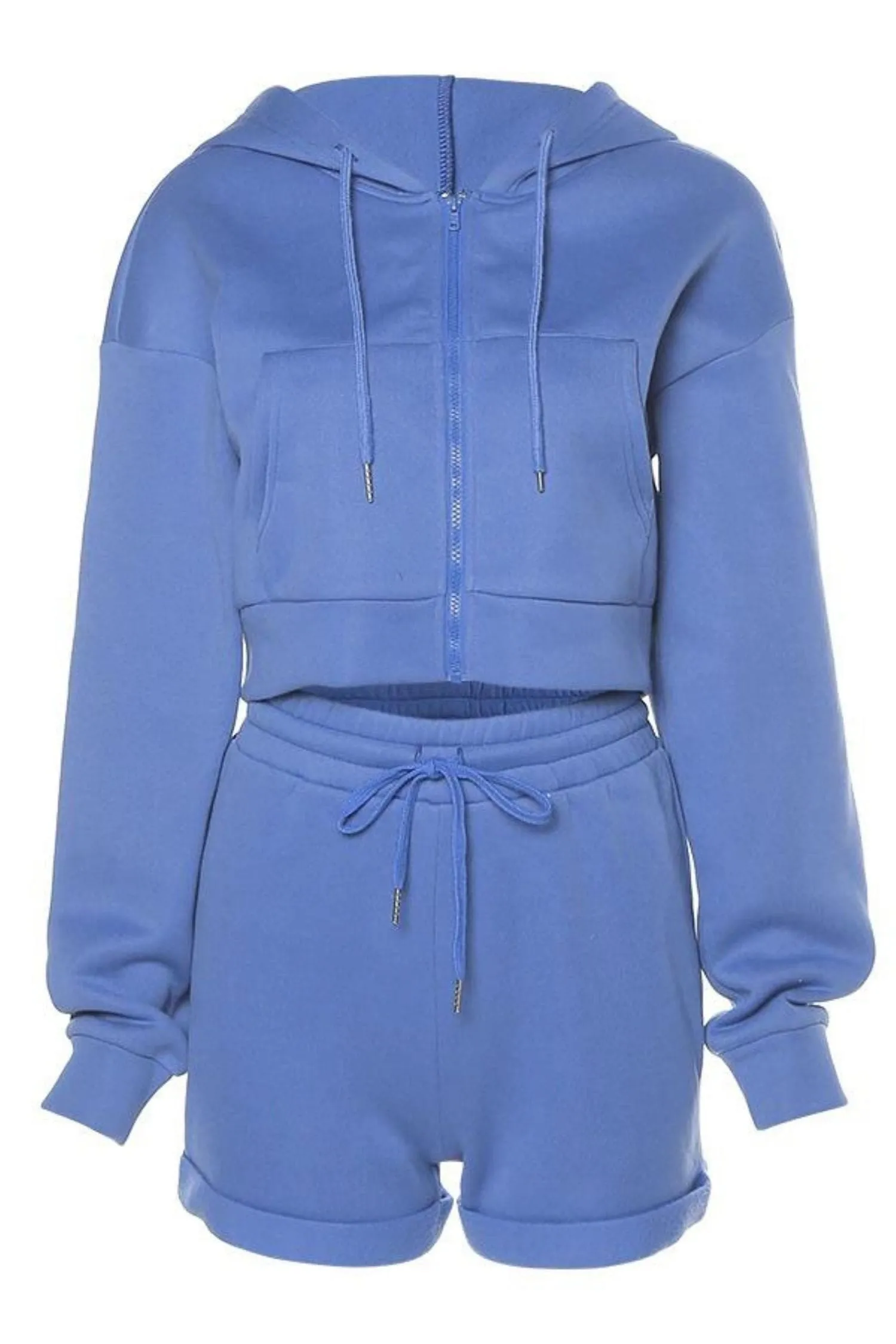 Blue Cropped Zipper Up Hoodie And Lounge Shorts Set