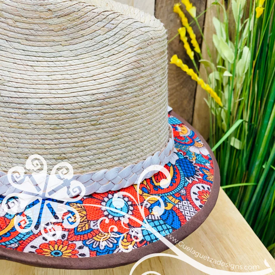 Blue Flower Mosaic - Fedora Palm Hat