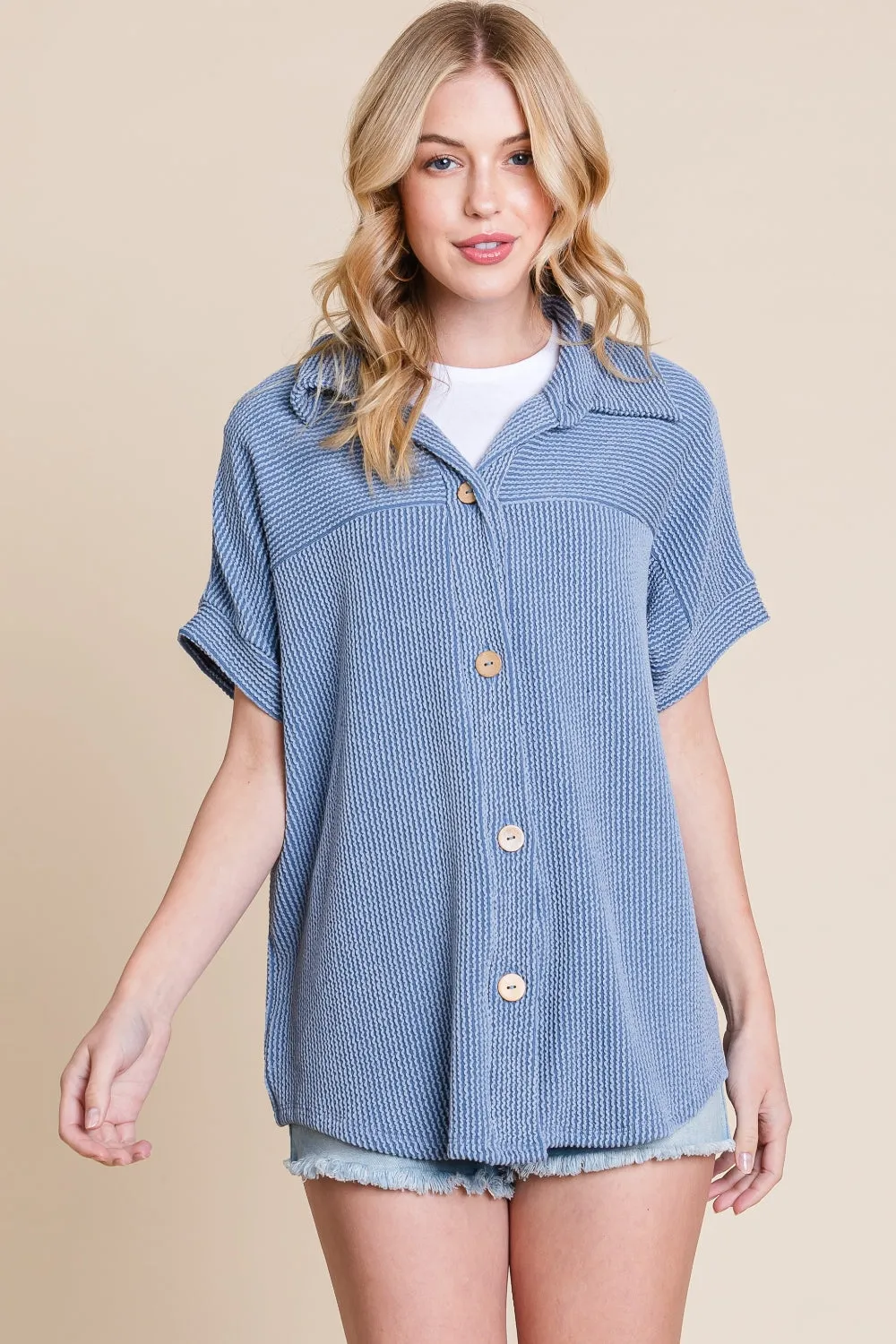 BOMBOM Button Up Short Sleeves Ribbed Shirt