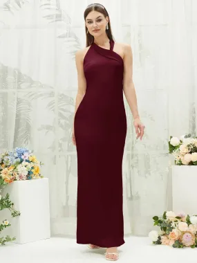 Burgundy Silk Satin Halter Neck Sheath Sleeveless Bridesmaid Dress