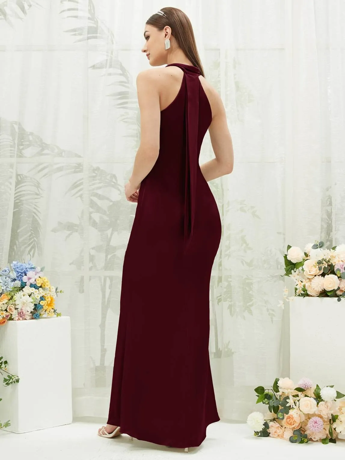 Burgundy Silk Satin Halter Neck Sheath Sleeveless Bridesmaid Dress