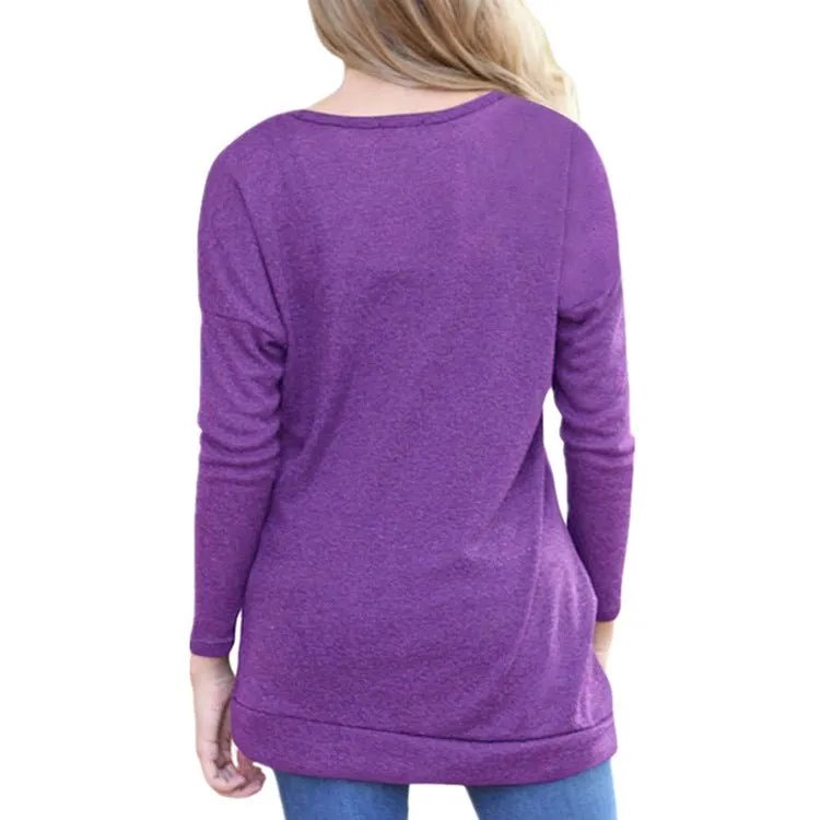 Button-Accent Crewneck Long-Sleeve Knit Top