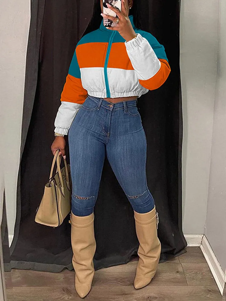 Color Block Crop Padded Jacket