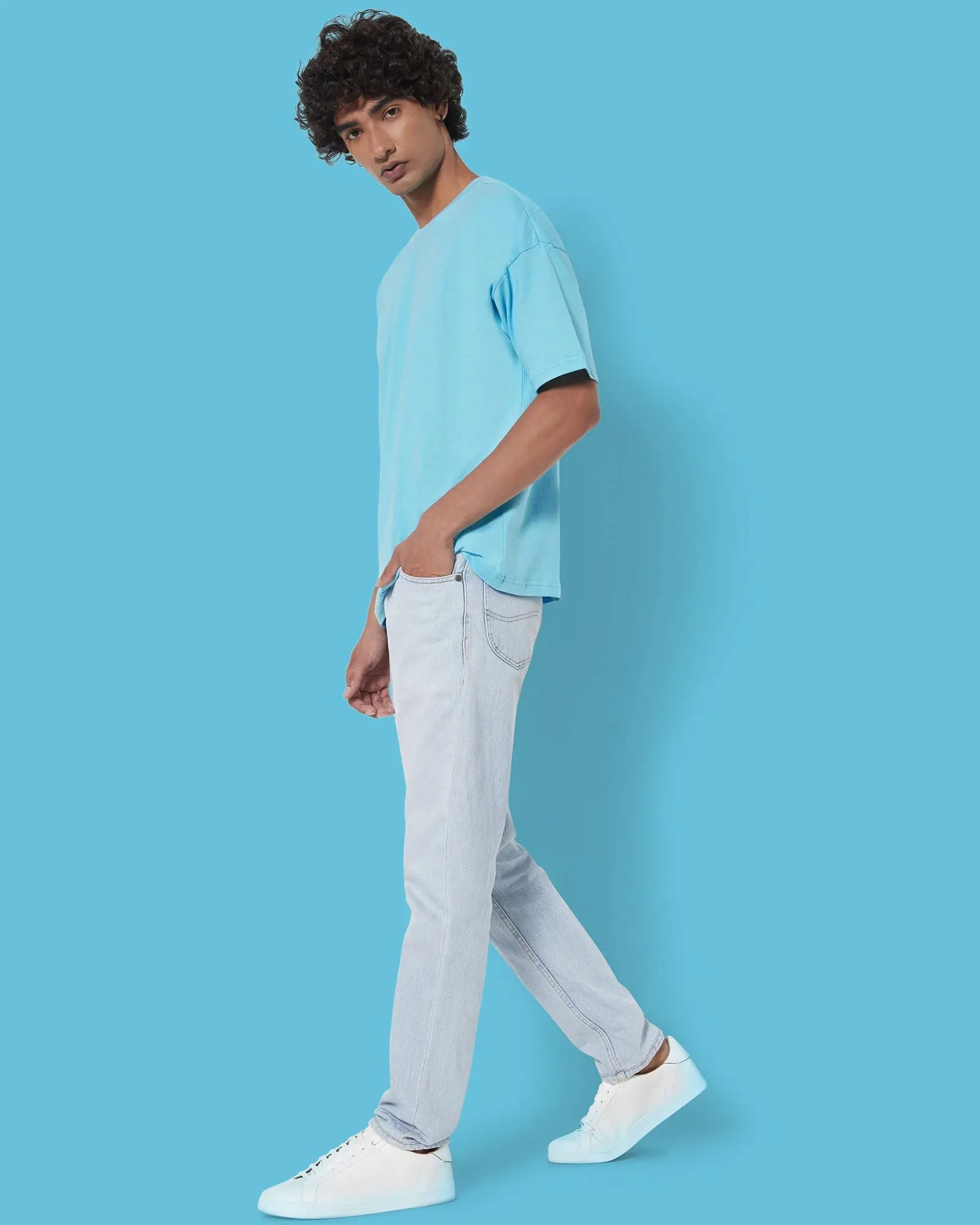 Drop Shoulder Crew Neck: Aqua Blue