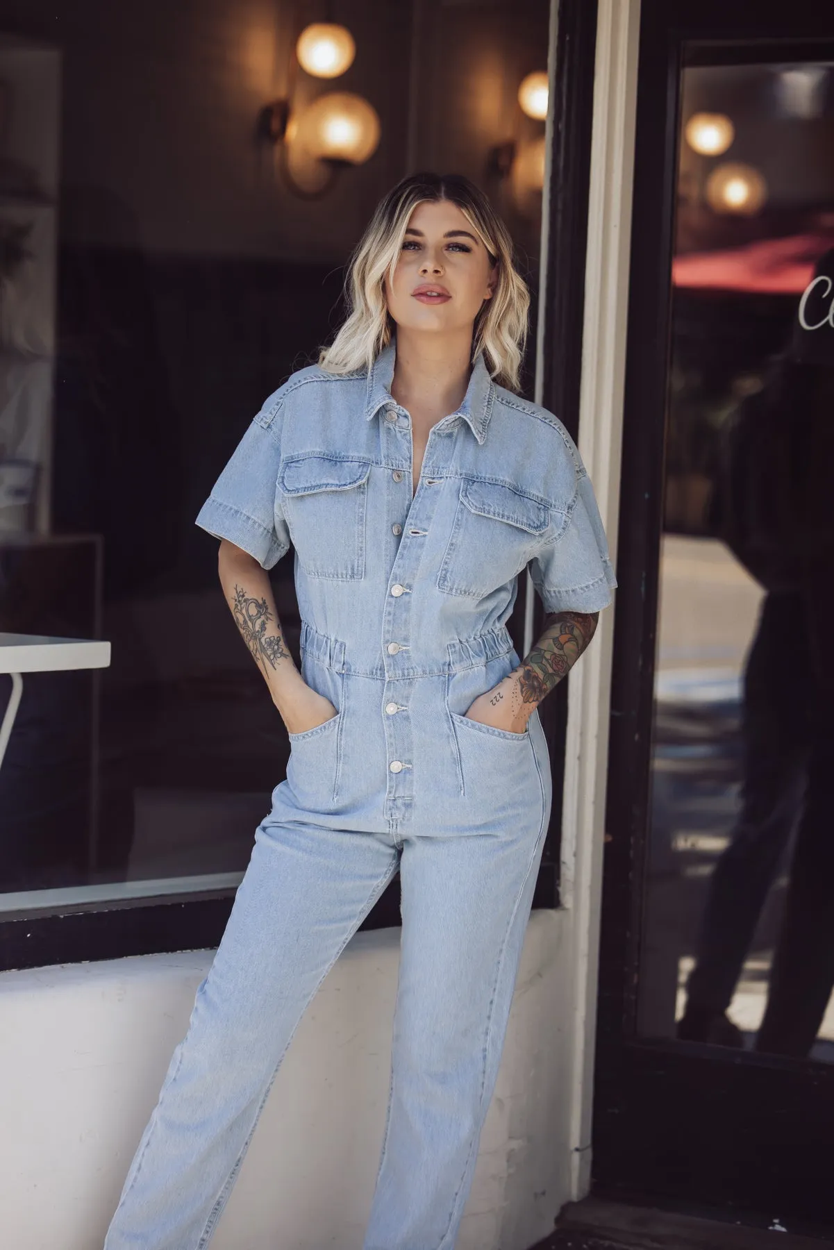 Free People Marci Denim Jumpsuit - Clear Skies