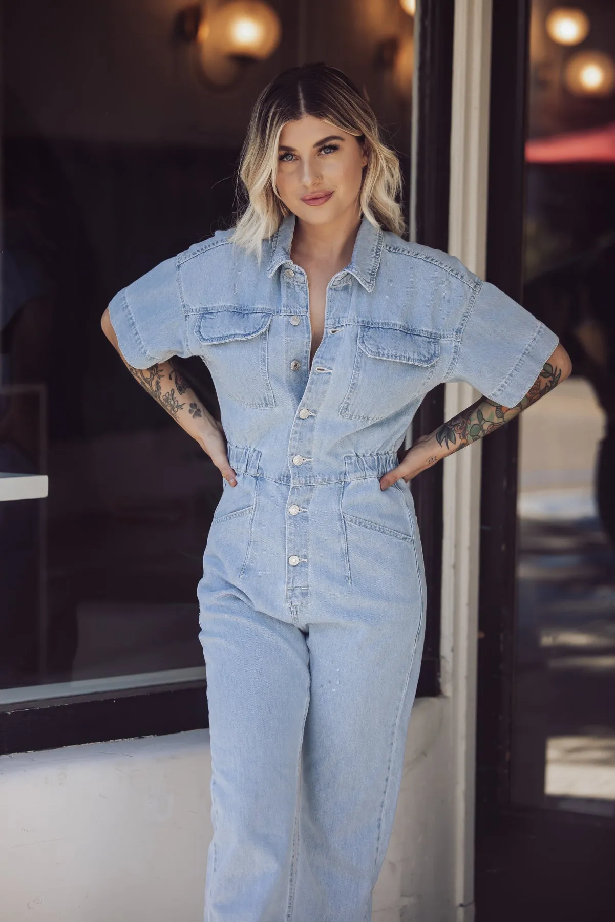 Free People Marci Denim Jumpsuit - Clear Skies