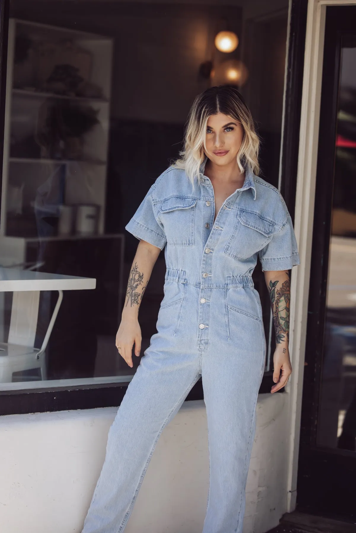 Free People Marci Denim Jumpsuit - Clear Skies