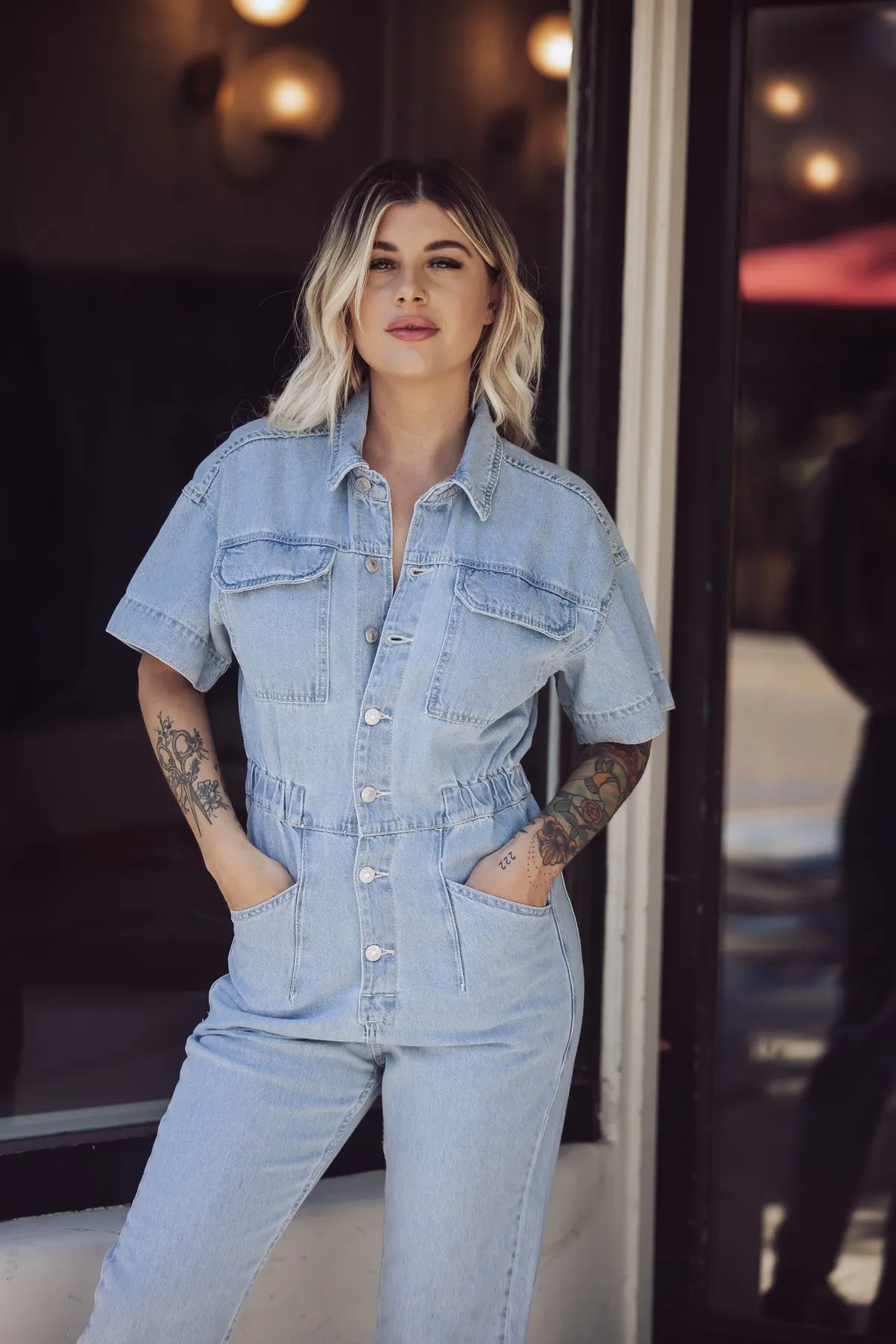 Free People Marci Denim Jumpsuit - Clear Skies