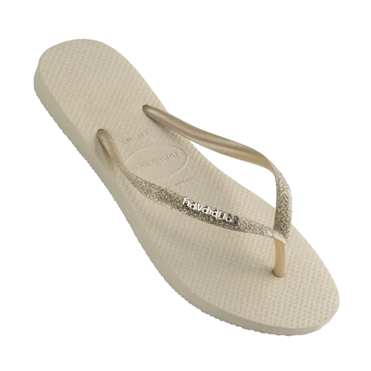 Havaianas Slim Metal Logo Glitter Thongs - Beige