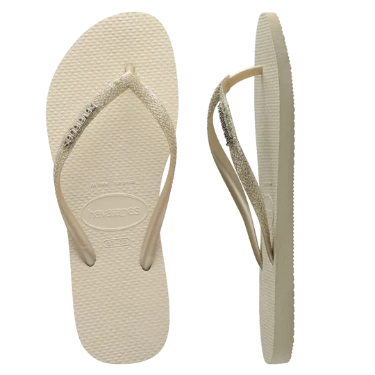 Havaianas Slim Metal Logo Glitter Thongs - Beige