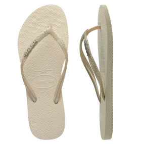 Havaianas Slim Metal Logo Glitter Thongs - Beige