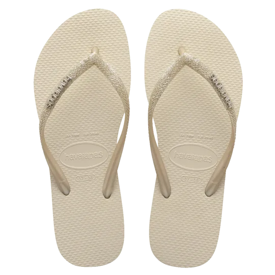 Havaianas Slim Metal Logo Glitter Thongs - Beige