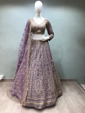 Lavendor Net Lehenga With Zari And Moti