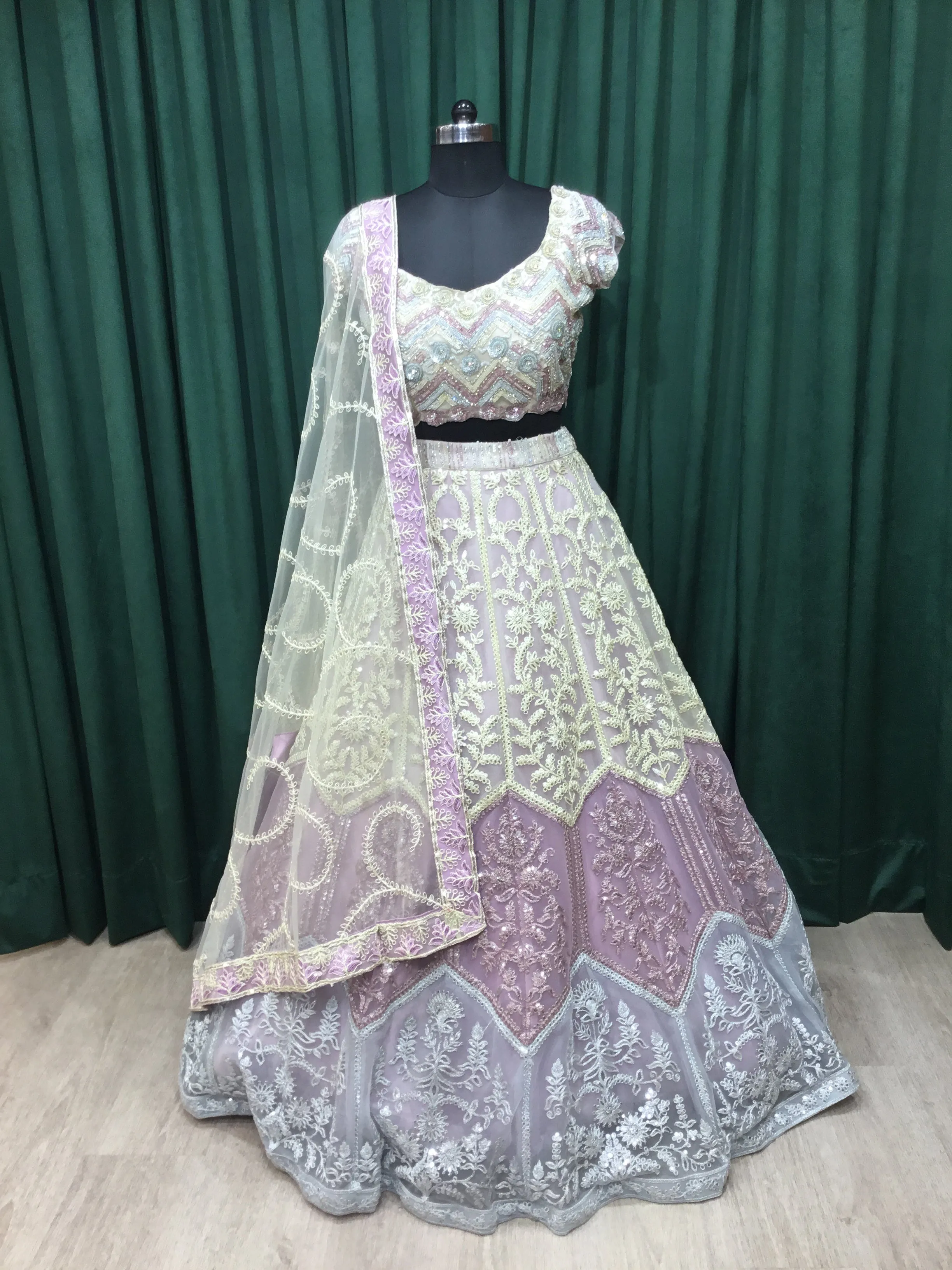 Lemon Net Lehenga With Sequins and Japanese Cut Dana Work