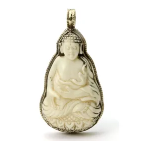 Lord Buddha Bone Pendant Defeating Evil Mudra Set in White Brass Frame