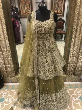 Mehandi Green Lehenga Net Zarki With Mirror Work