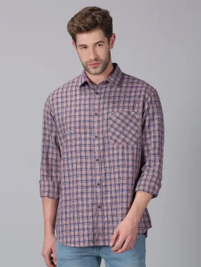 MEN'S BROWN, BLUE CHECK SLIM FIT SHIRT