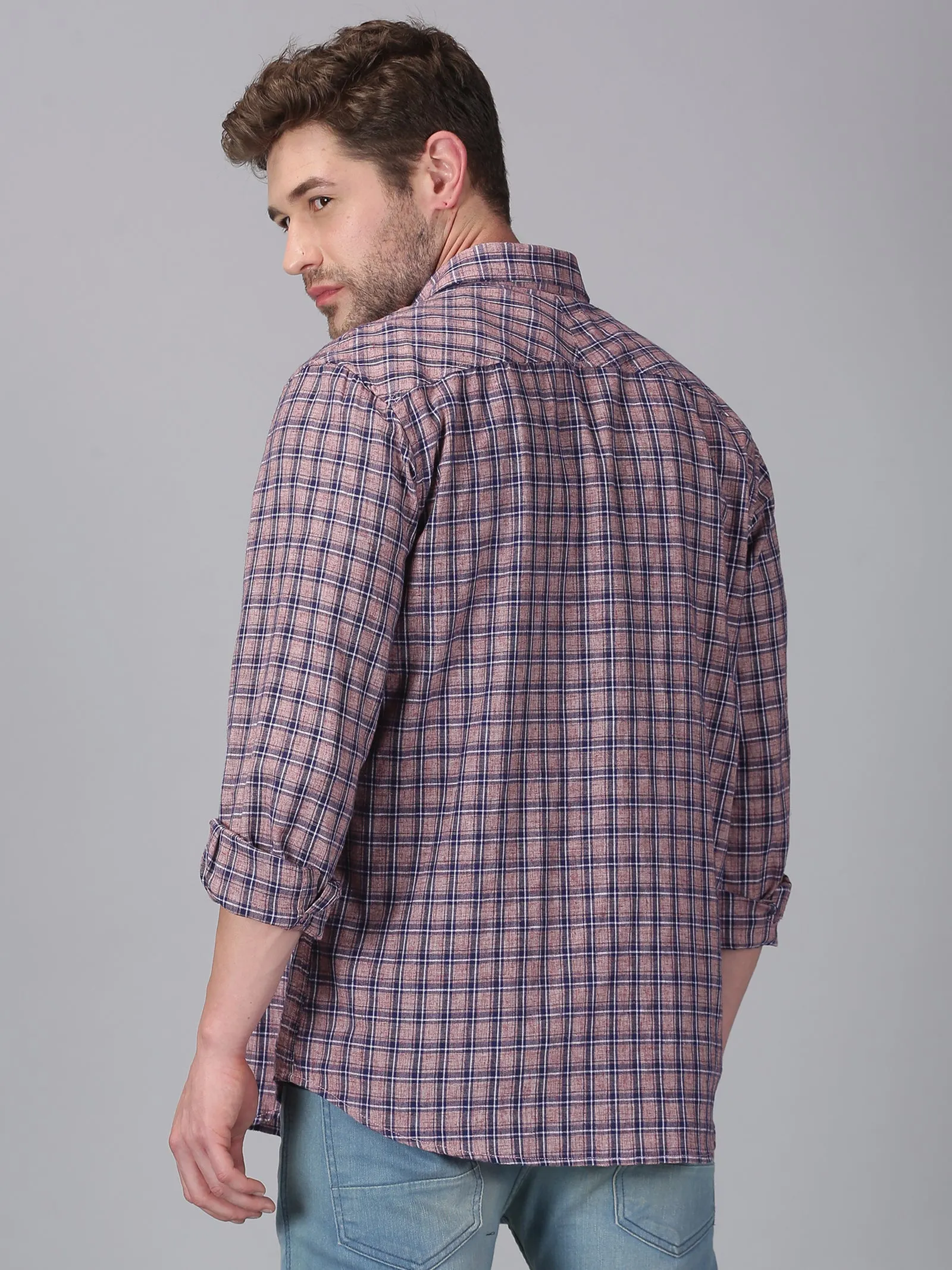 MEN'S BROWN, BLUE CHECK SLIM FIT SHIRT