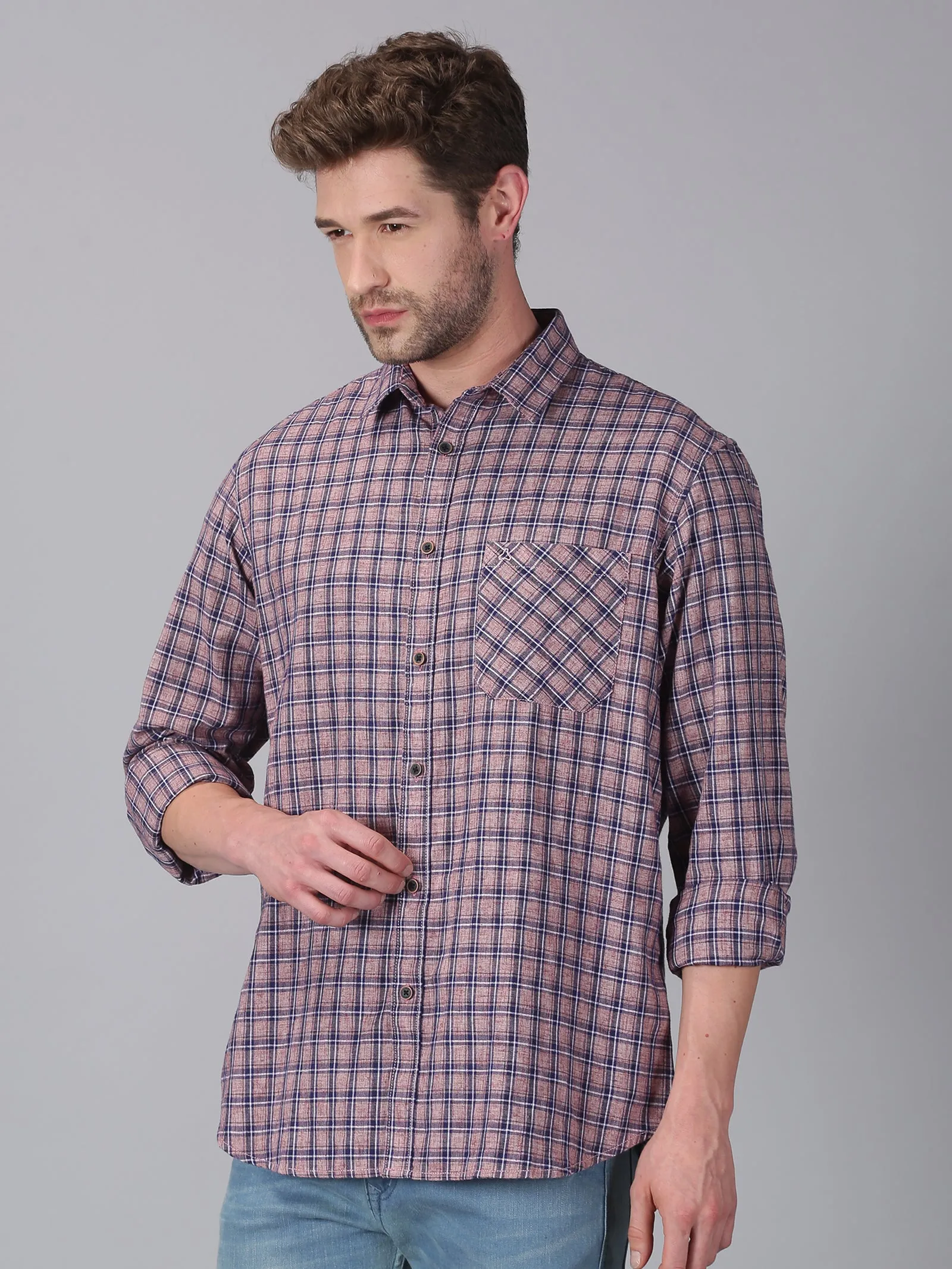 MEN'S BROWN, BLUE CHECK SLIM FIT SHIRT