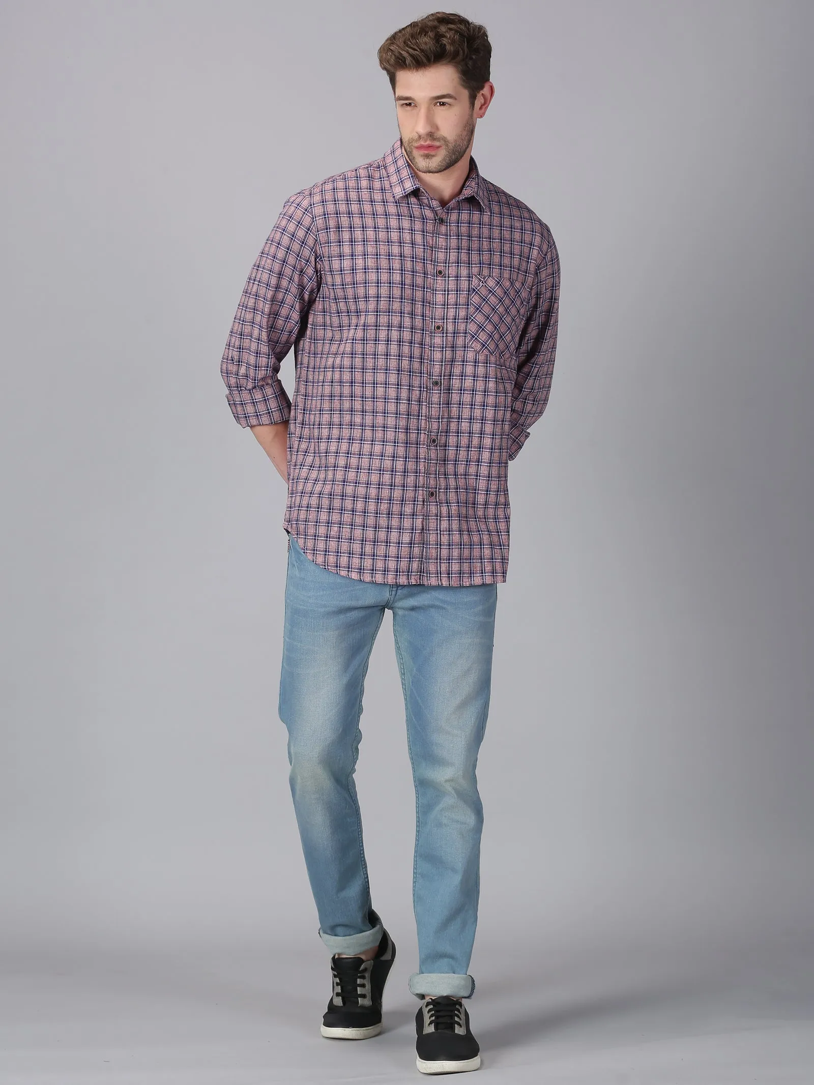 MEN'S BROWN, BLUE CHECK SLIM FIT SHIRT