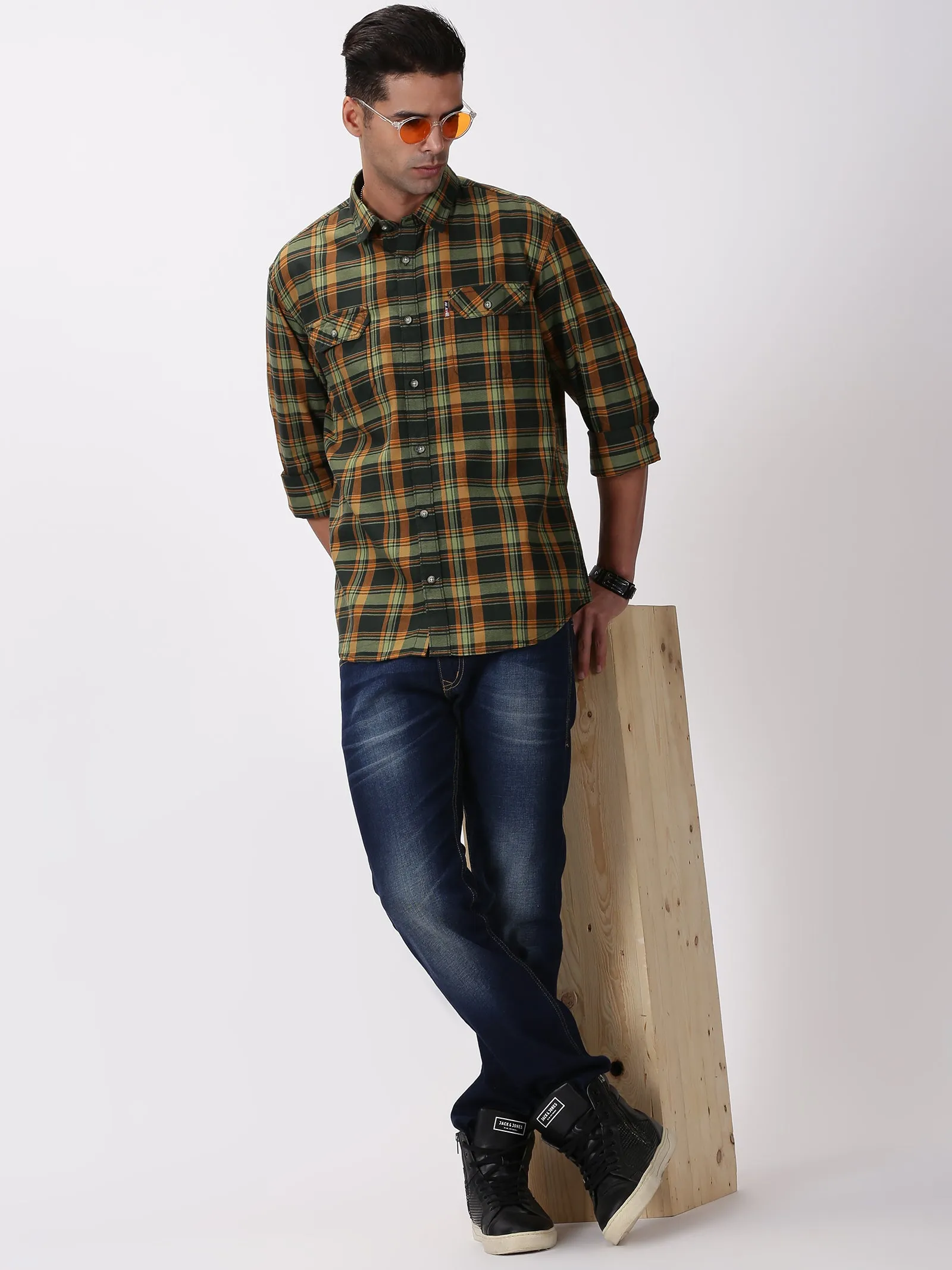 MEN'S GREEN CHECKS SLIM FIT SHIRT