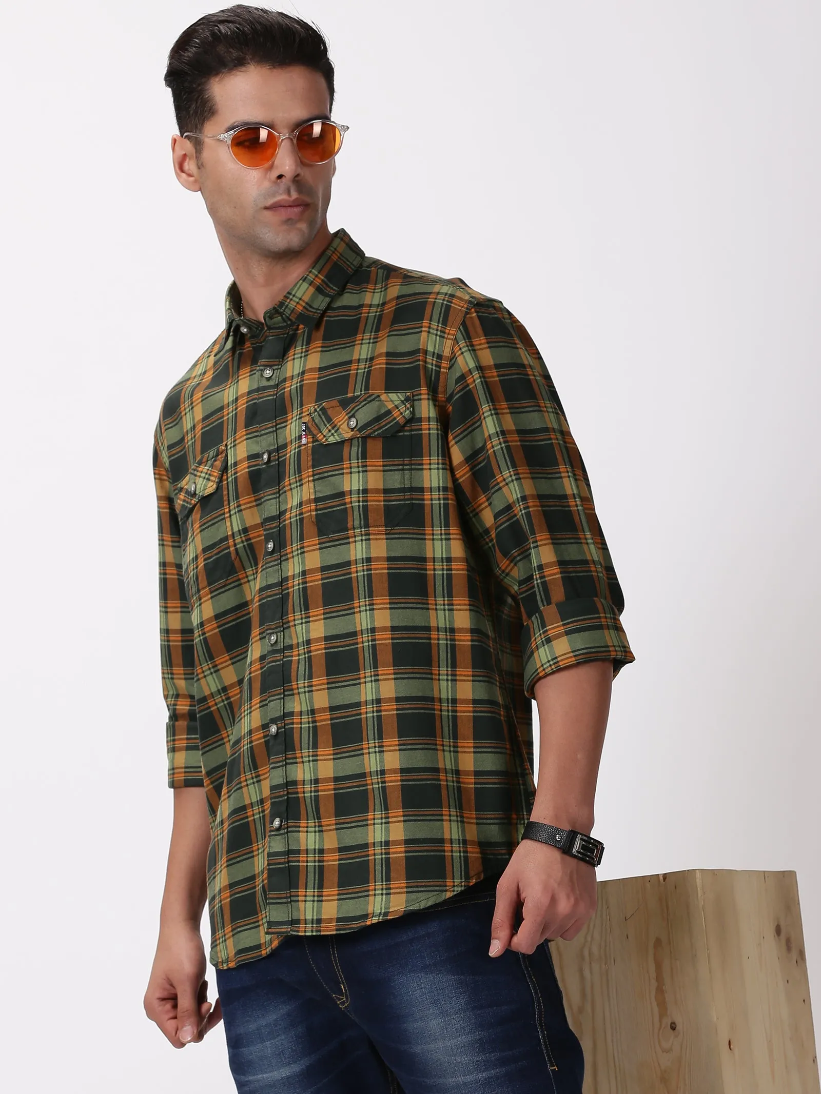 MEN'S GREEN CHECKS SLIM FIT SHIRT