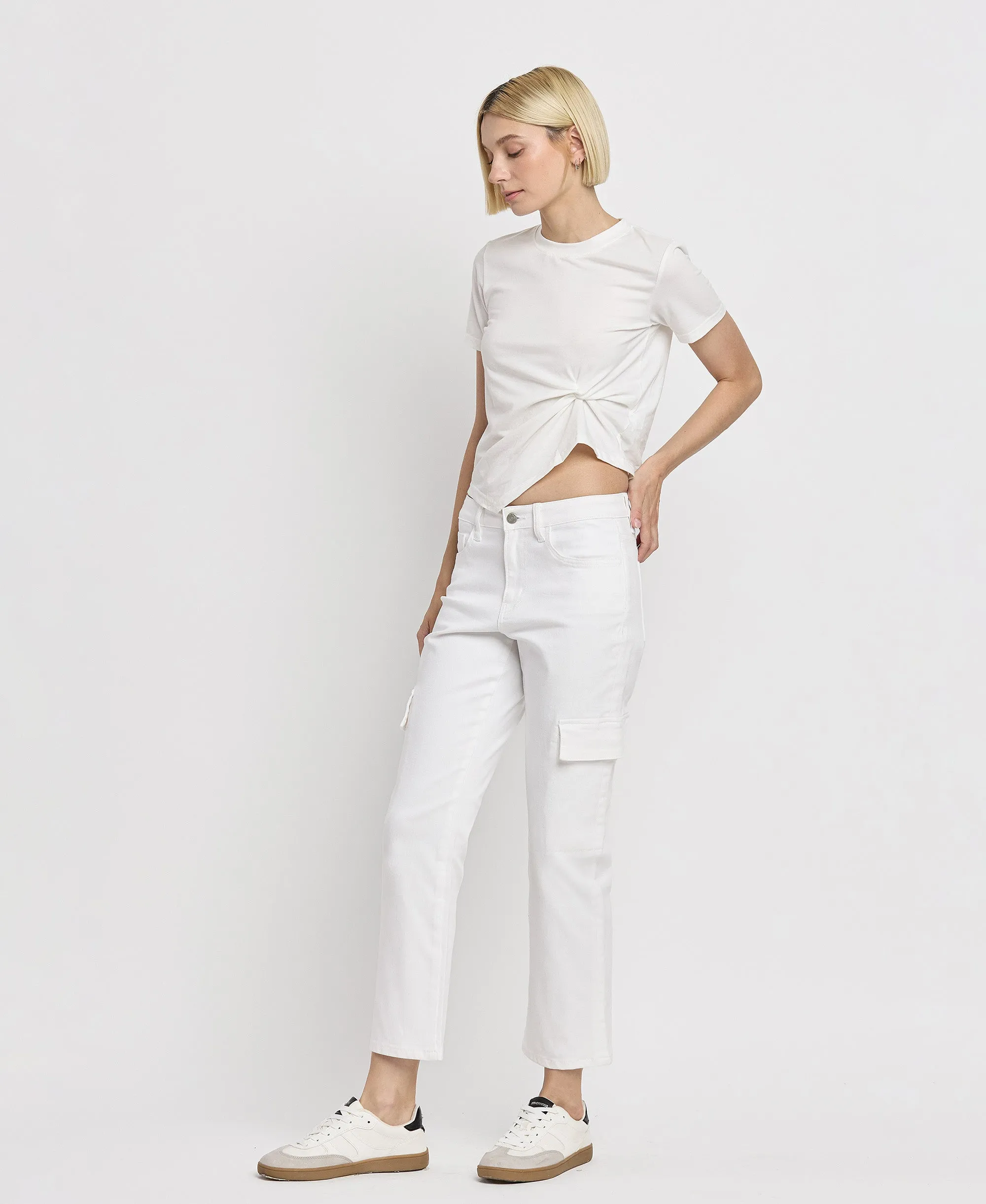 Optic White - High Rise Crop Cargo Straight Jeans