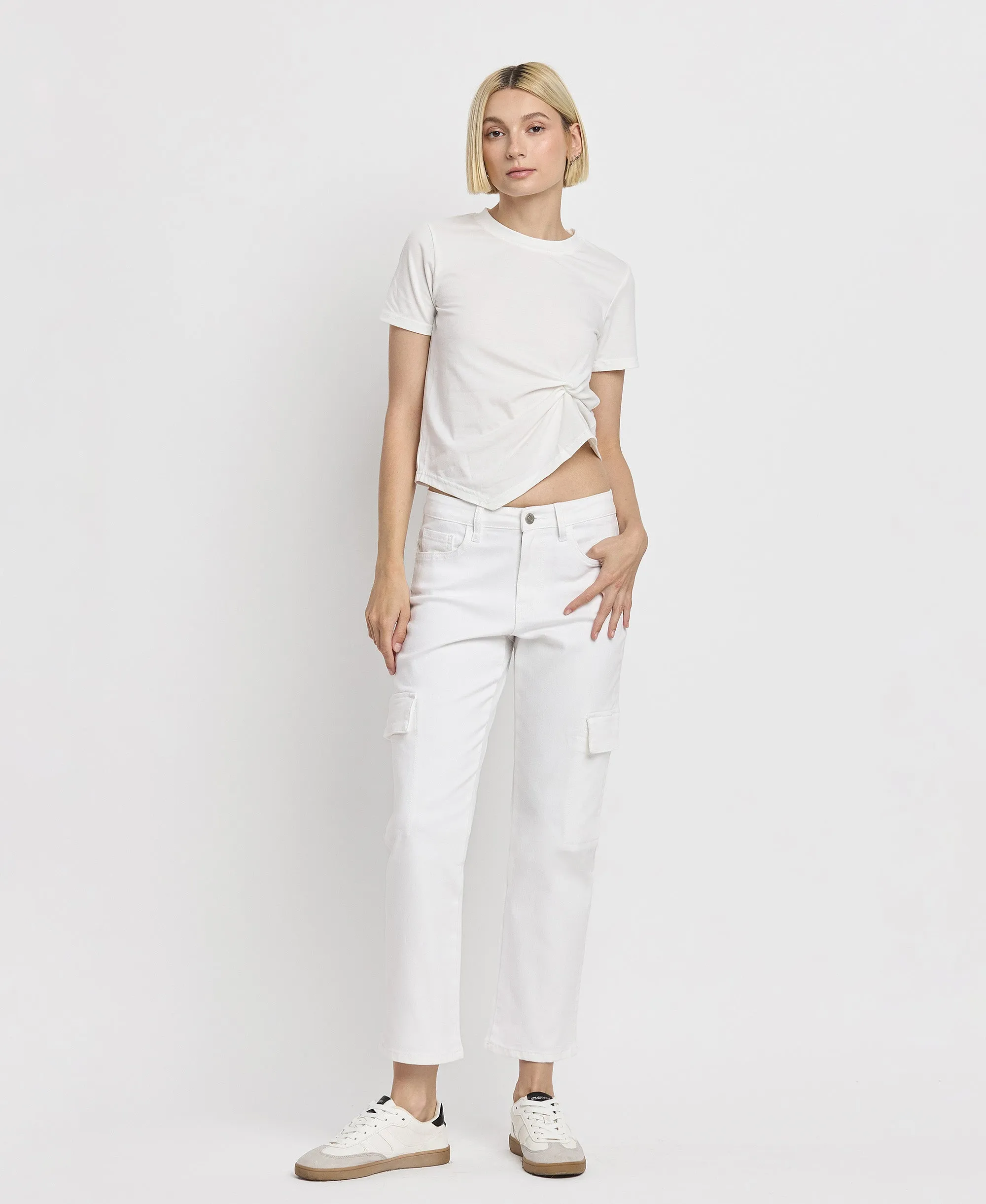 Optic White - High Rise Crop Cargo Straight Jeans