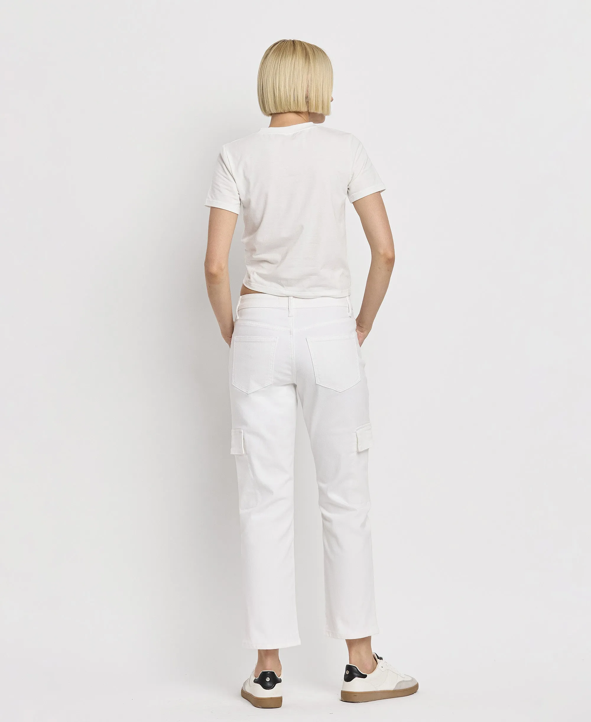 Optic White - High Rise Crop Cargo Straight Jeans