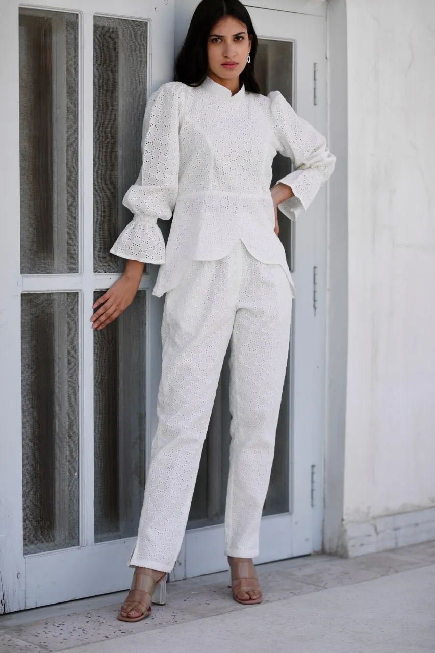 Ora chikankari shiffly white co-ord set